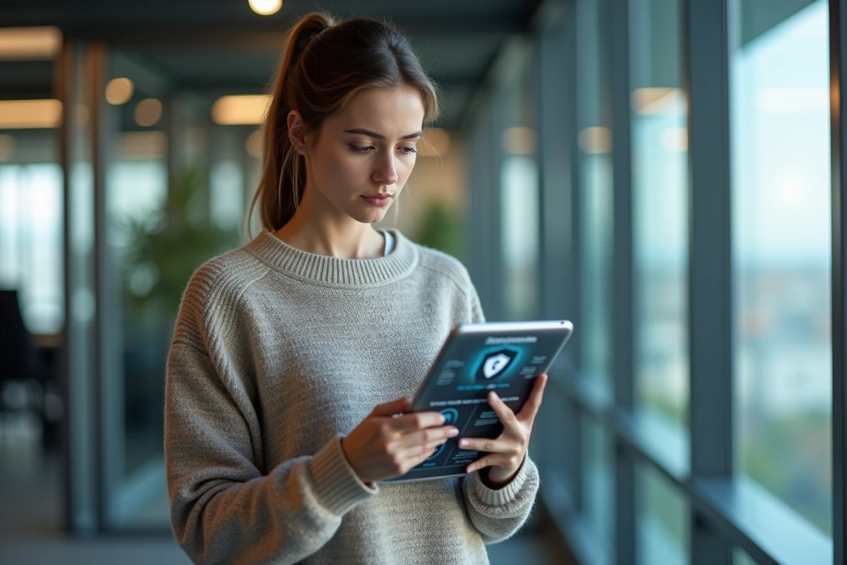 Jeune femme vérifiant un tableau de bord antivirus sur tablette