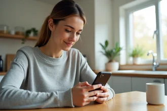Femme consultant son webmail ia72 sur smartphone dans une cuisine moderne
