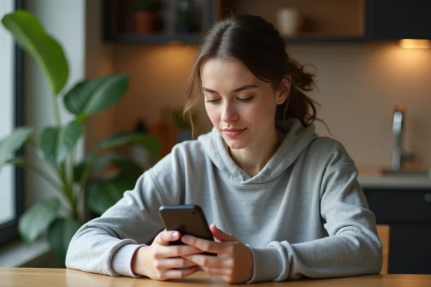 Jeune femme utilisant WhatsApp sur son smartphone pour mettre du texte en italique dans une cuisine moderne
