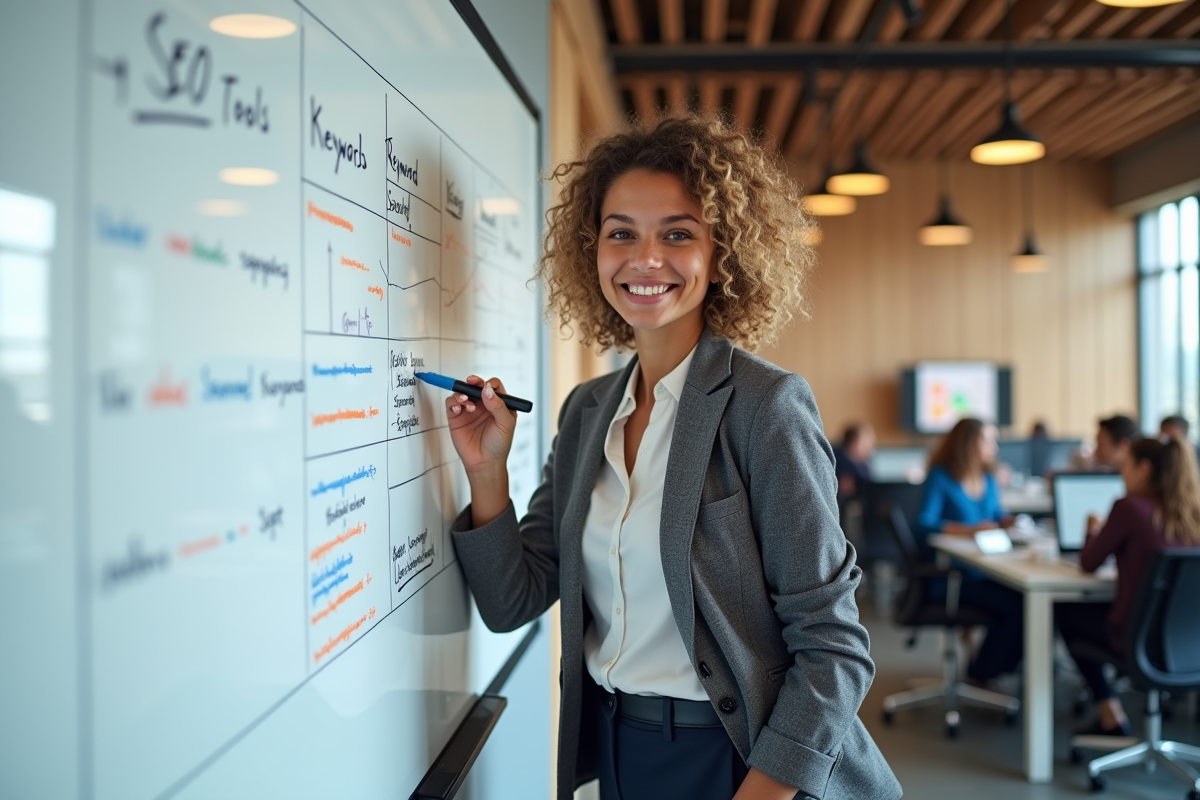 Femme discutant de stratégies SEO devant un tableau blanc