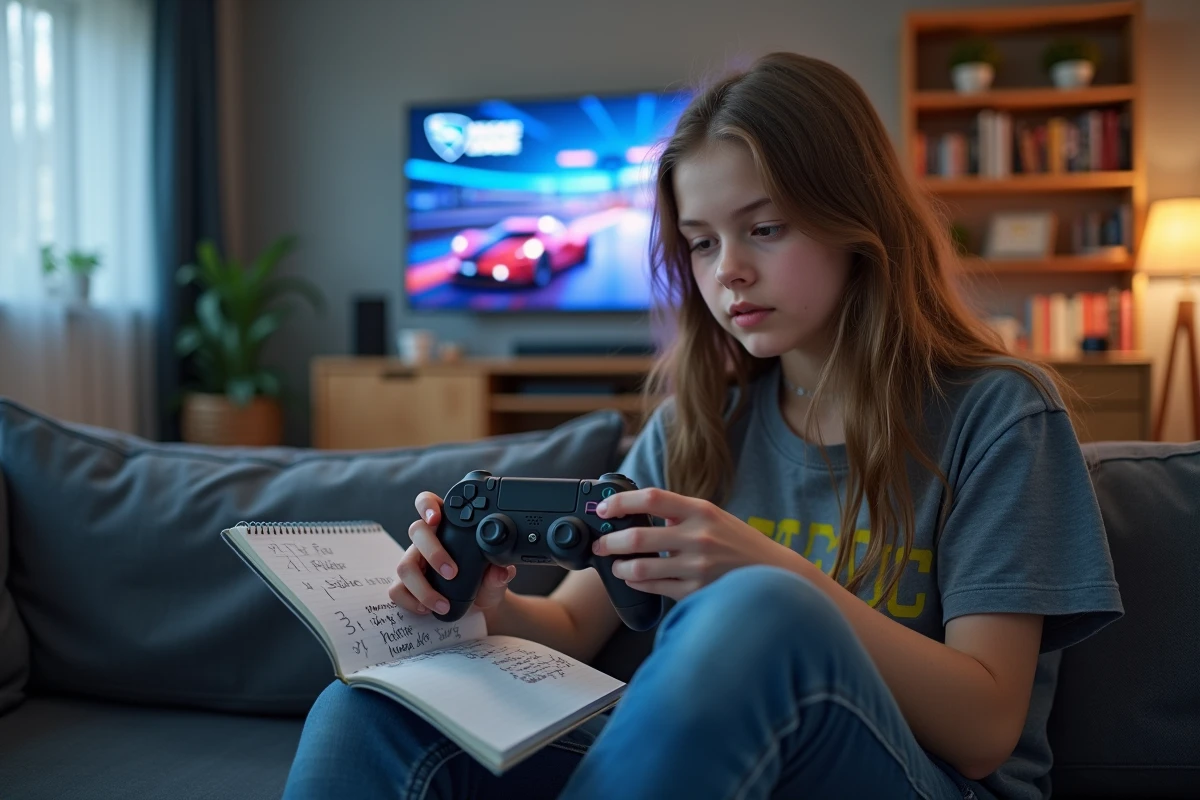 Fille assise sur un canapé jouant à Rocket League en étudiant un carnet
