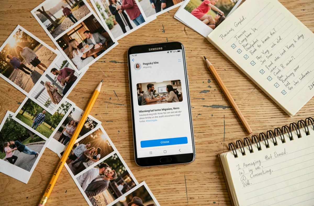 Vue aérienne d'un smartphone Samsung affichant une alerte de migration cloud entouré de photos imprimées et d'une liste de vérification manuscrite