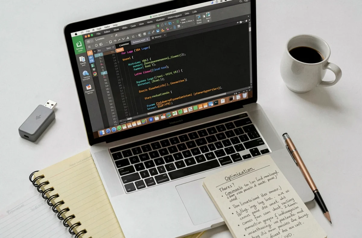 Vue de dessus d'un poste de travail avec éditeur VBA ouvert sur une boucle For Loop et notes manuscrites d'optimisation de macros