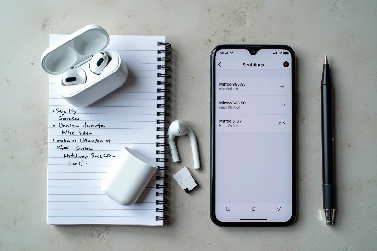 Vue de dessus d'un smartphone affichant la capacité de stockage 64 Go entouré d'accessoires et de notes manuscrites