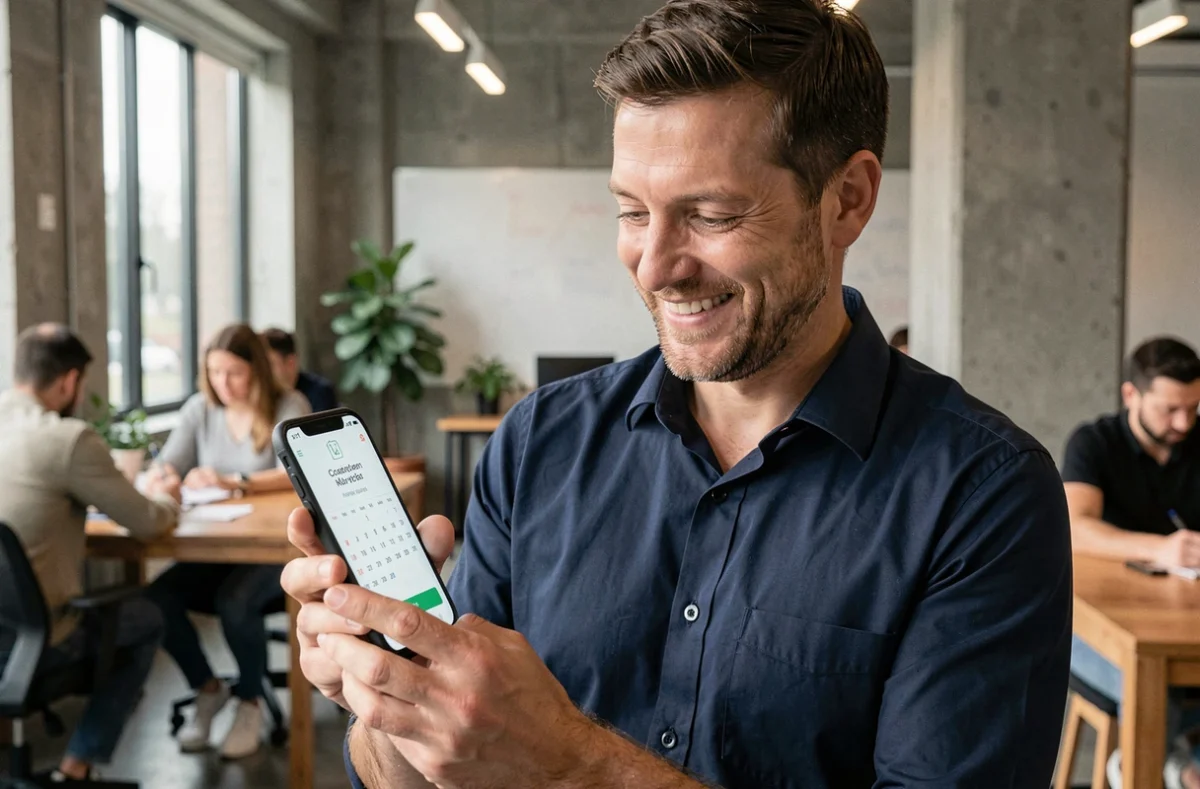 Freelance masculin consultant une notification de prise de rendez-vous sur son smartphone dans un espace de coworking