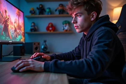 Jeune homme gamer concentré sur sa souris dans sa salle de jeux