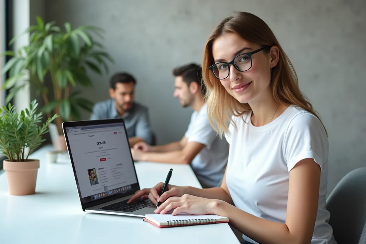 Femme générant une clé serveur FiveM sur le portail Cfx.re depuis un espace de coworking moderne