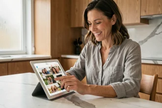 Femme utilisant une tablette pour gérer ses albums photos familiaux privés dans une cuisine moderne