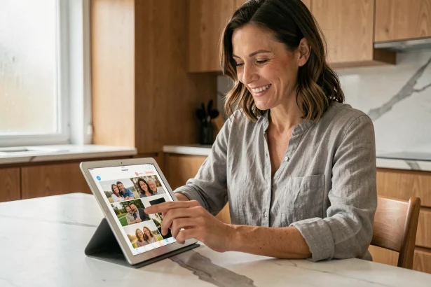 Femme utilisant une tablette pour gérer ses albums photos familiaux privés dans une cuisine moderne