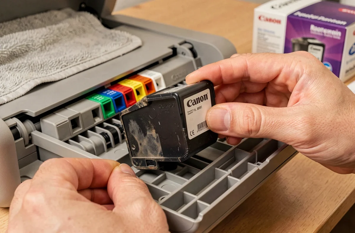 Gros plan sur des mains retirant une cartouche d'encre noire usagée d'une imprimante Canon