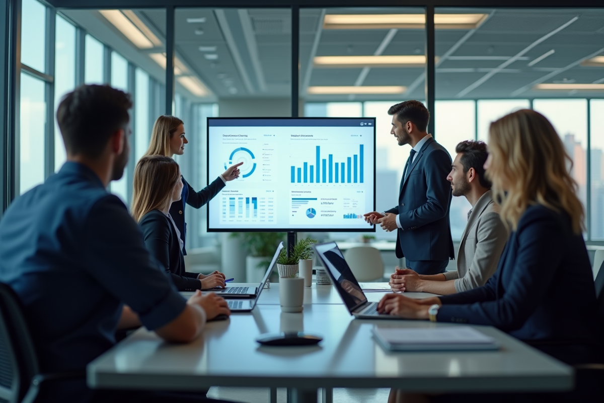 Groupe de professionnels autour d'un tableau digital lumineux