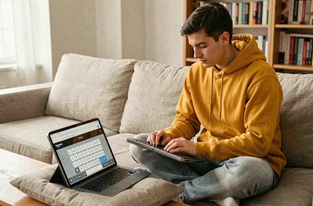 Jeune personne consultant un guide de raccourcis clavier sur tablette pour trouver un signe spécial