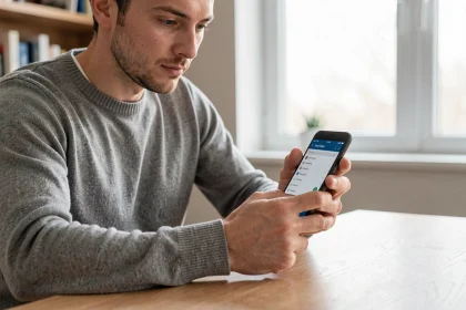 Homme utilisant l'historique presse-papier Android sur un smartphone moderne dans un bureau à domicile