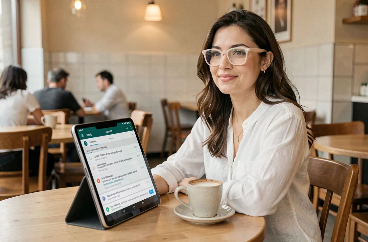 Femme consultant l'historique du presse-papier sur une tablette Android dans un café