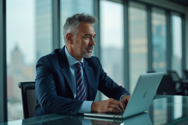 Homme d'affaires en costume bleu examine des rapports de cybersécurité