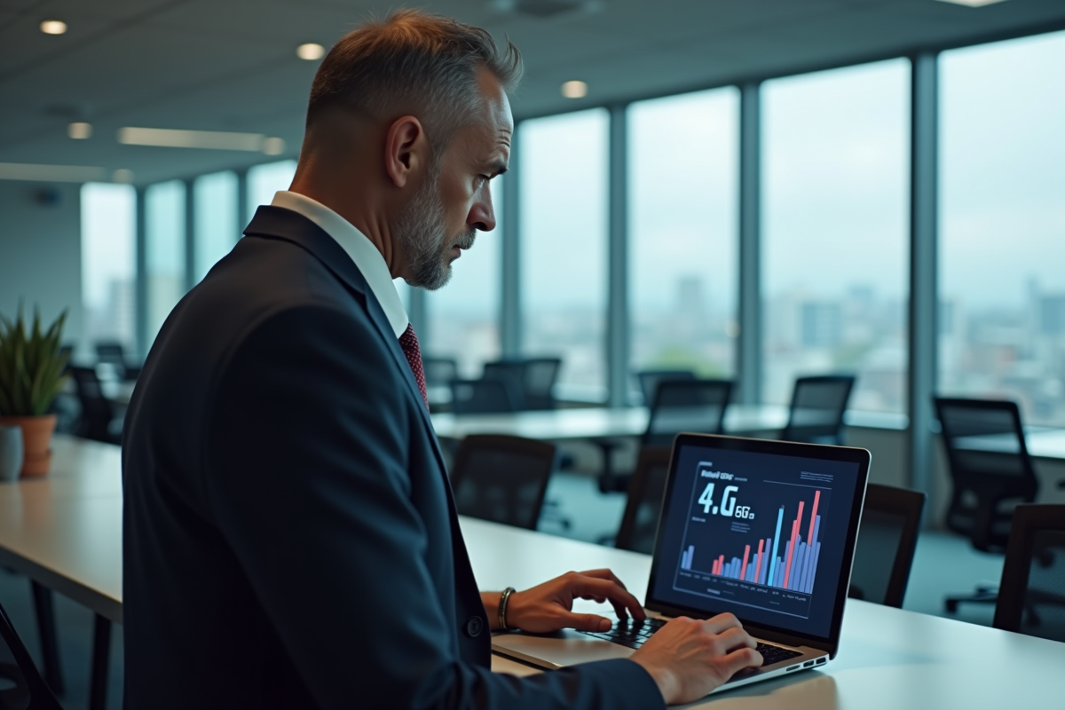 Homme d affaires regardant un graphique 4G et 5G en bureau