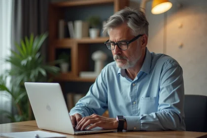 Homme d'âge moyen travaillant sur son ordinateur dans un bureau moderne
