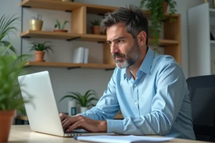 Homme d'âge moyen au bureau en train de vérifier ses emails