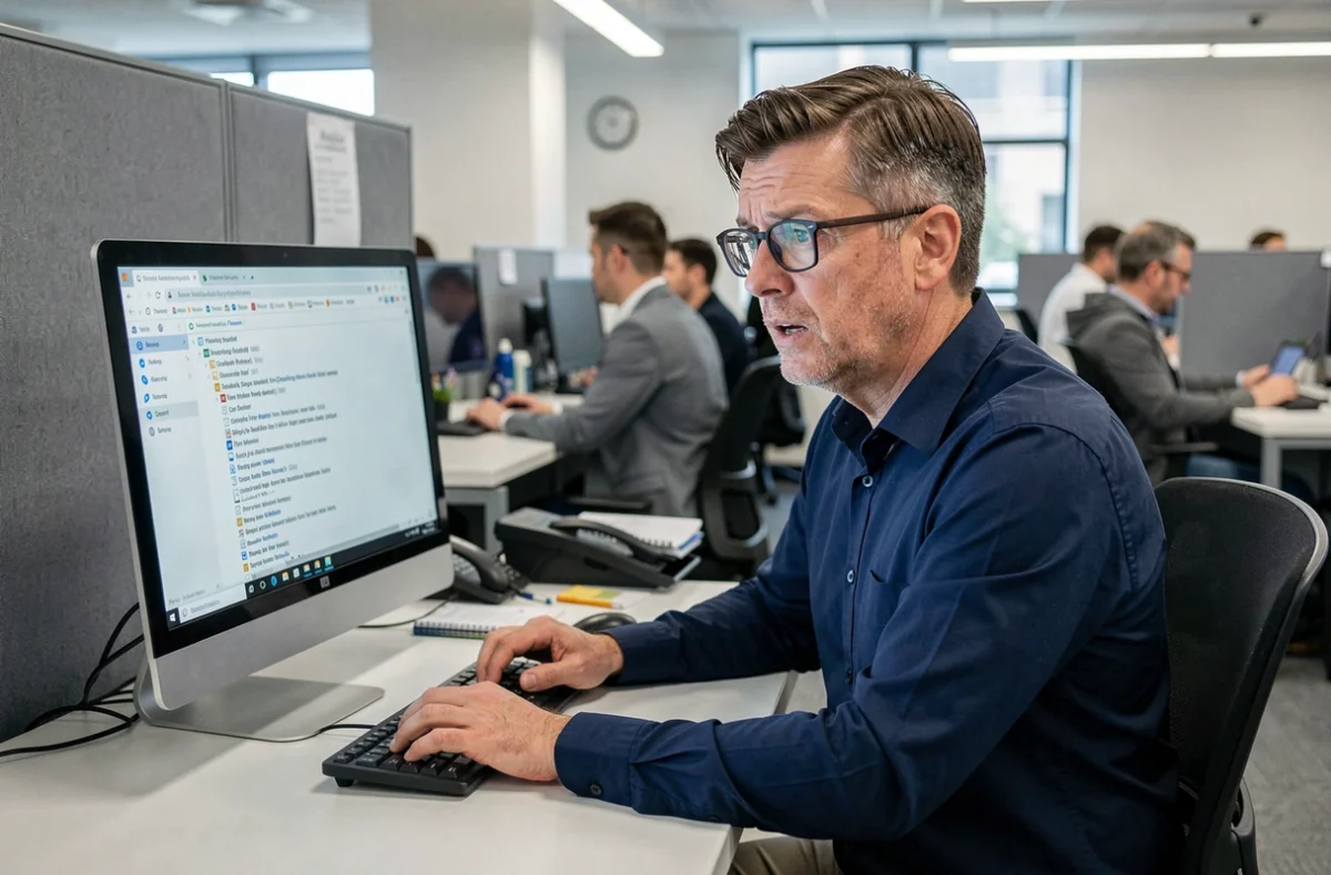Homme au bureau vérifiant l'historique de son navigateur après avoir détecté une URL suspecte