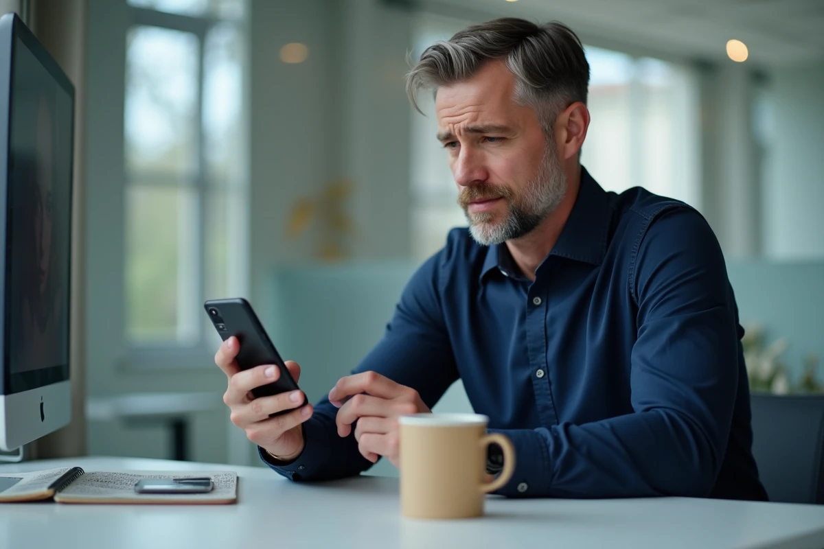 Homme au bureau consultant son smartphone pour apprendre à formater du texte en italique sur WhatsApp
