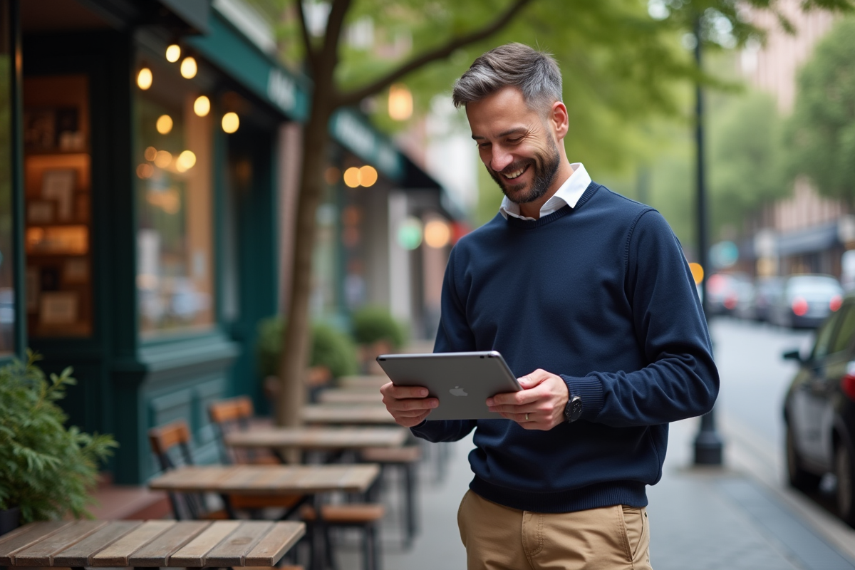 Homme au café manipulant une tablette en ville