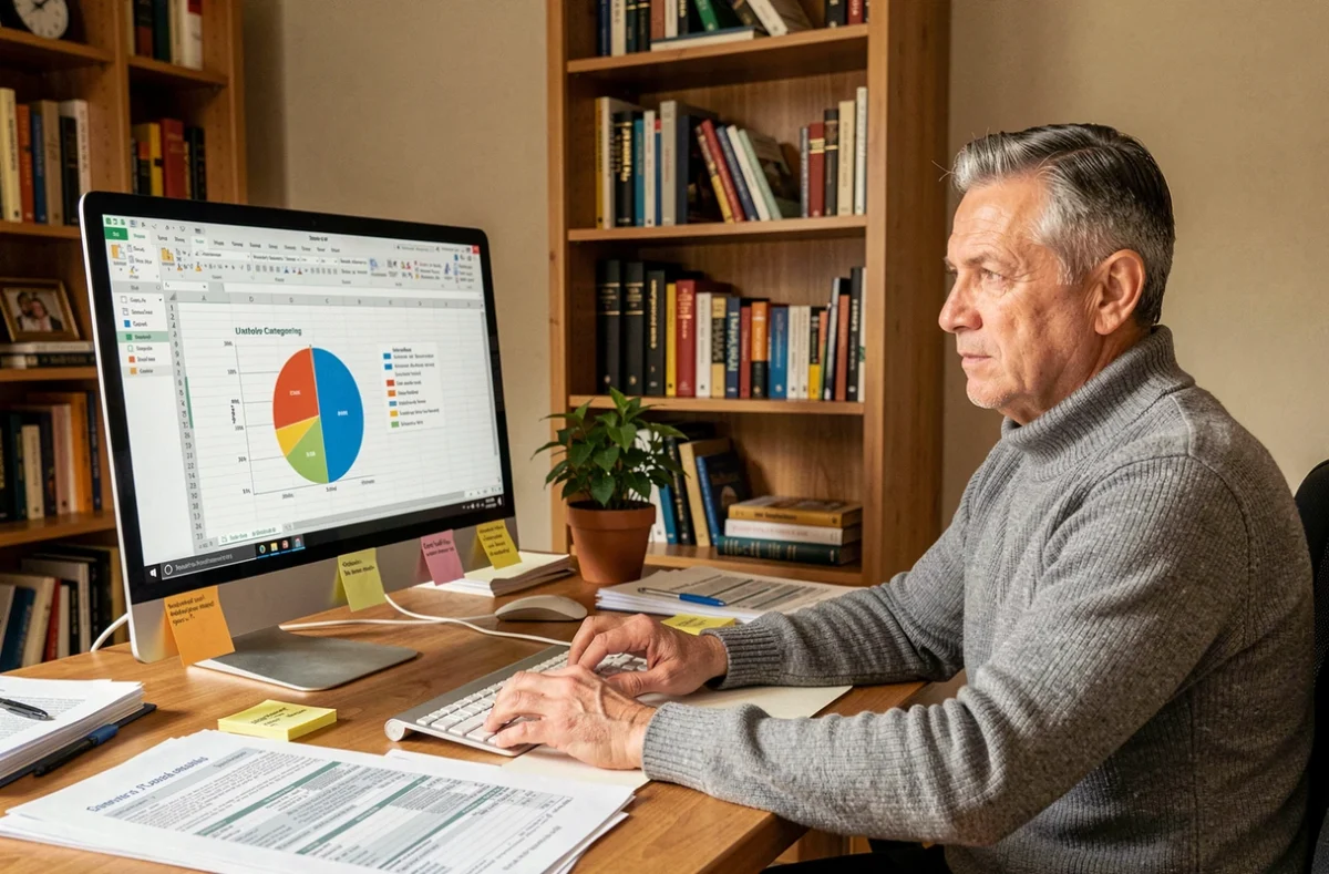 Homme travaillant sur un tableau de bord Excel avec un graphique en camembert pour analyser des données de ventes depuis son bureau à domicile