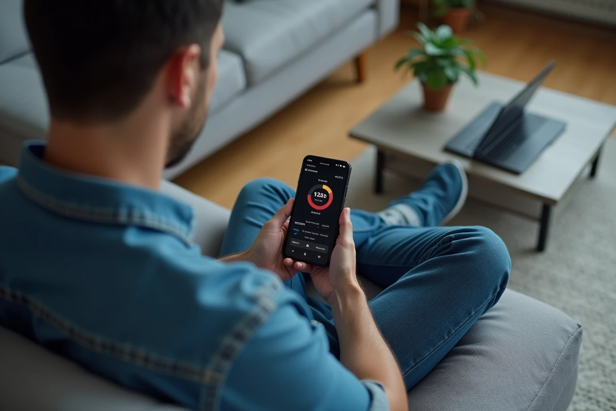 Homme assis sur un canapé gris analysant la répartition du stockage disponible sur son smartphone
