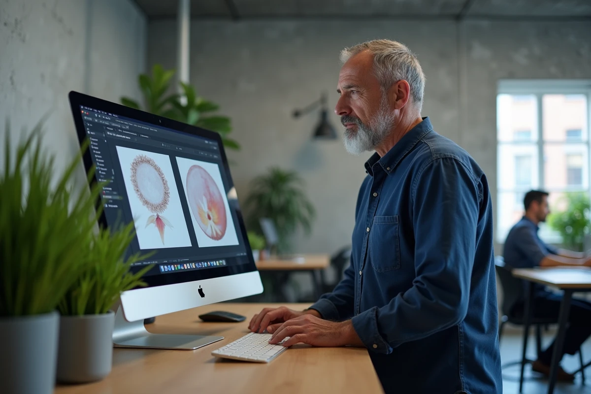 Homme comparant des logiciels de dessin sur iMac dans un bureau moderne minimaliste