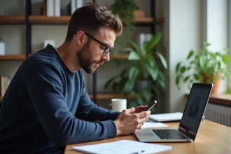 Homme en train de configurer son smartphone dans un appartement moderne