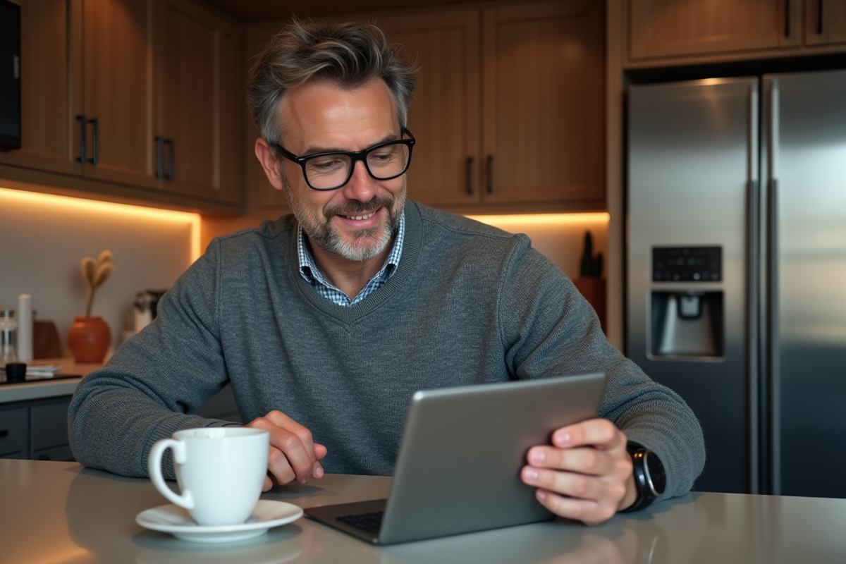 Homme lisant des fichiers cryptés sur une tablette à la maison