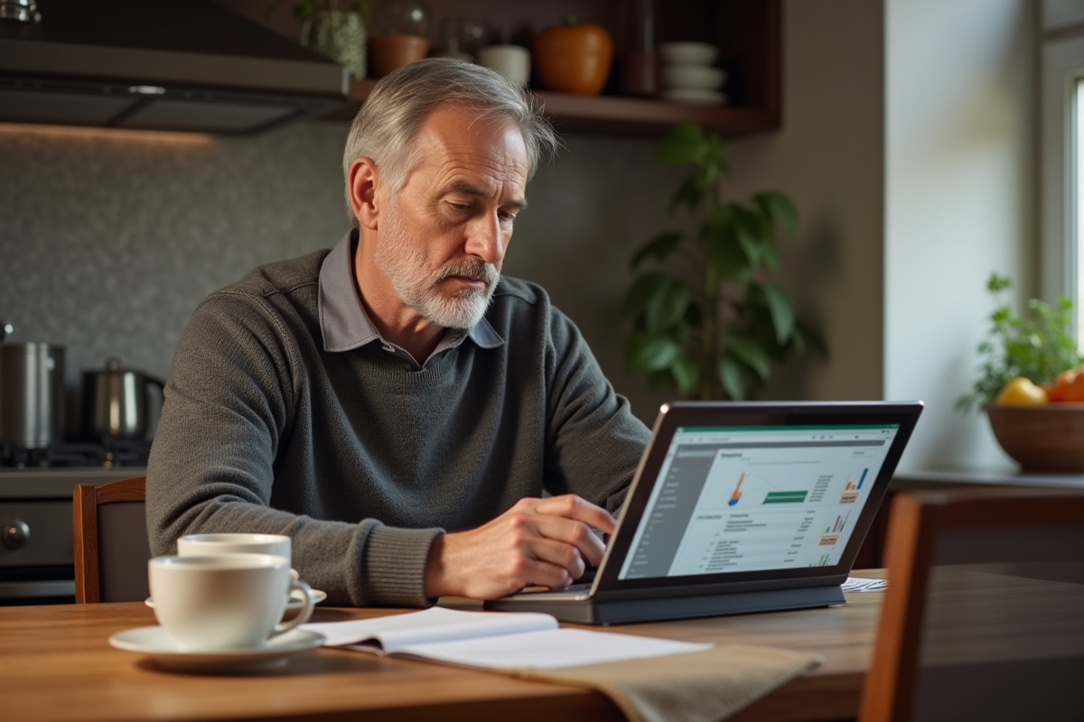 Homme à la cuisine regardant un document Excel sur une tablette