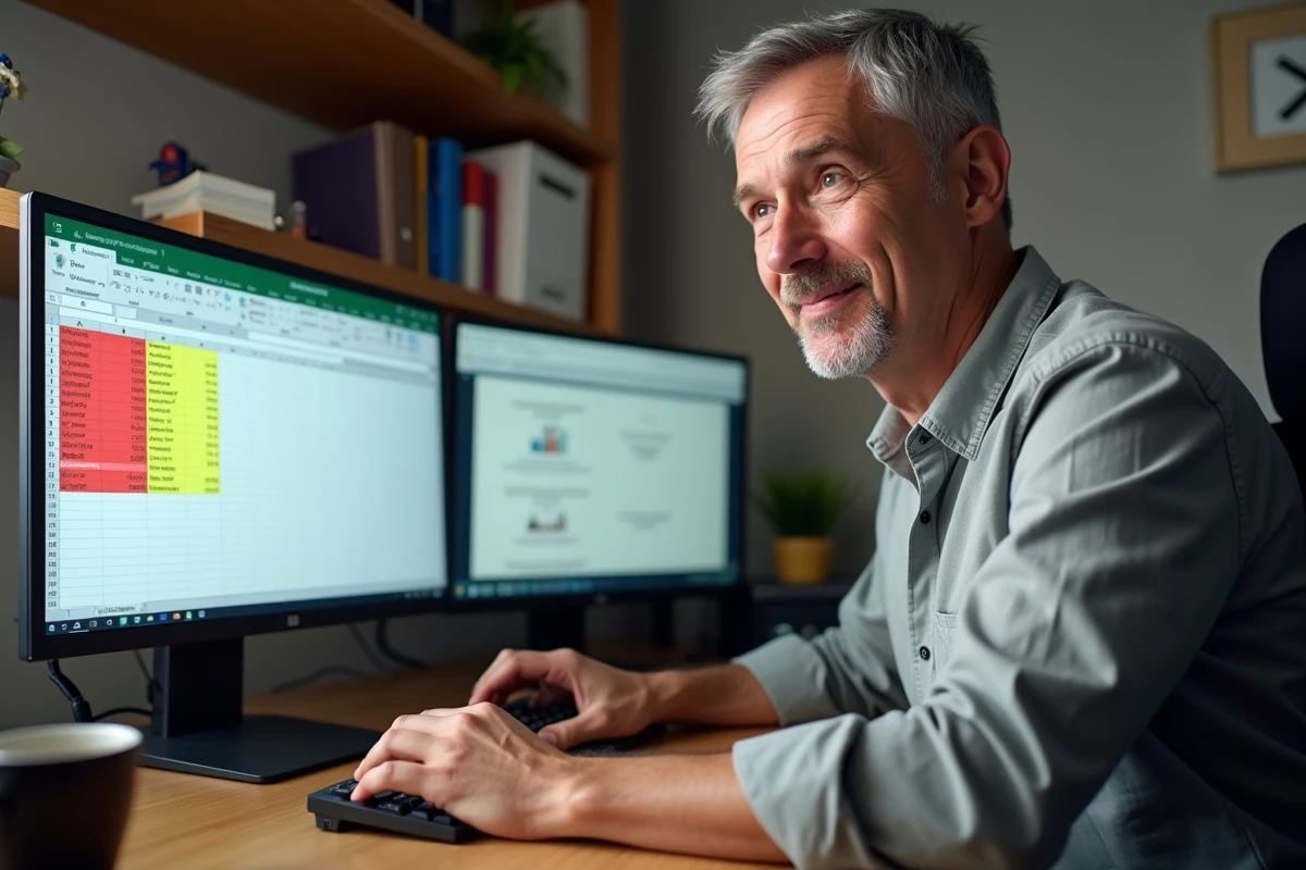 Homme utilisant un double écran pour identifier et supprimer des doublons entre plusieurs feuilles Excel