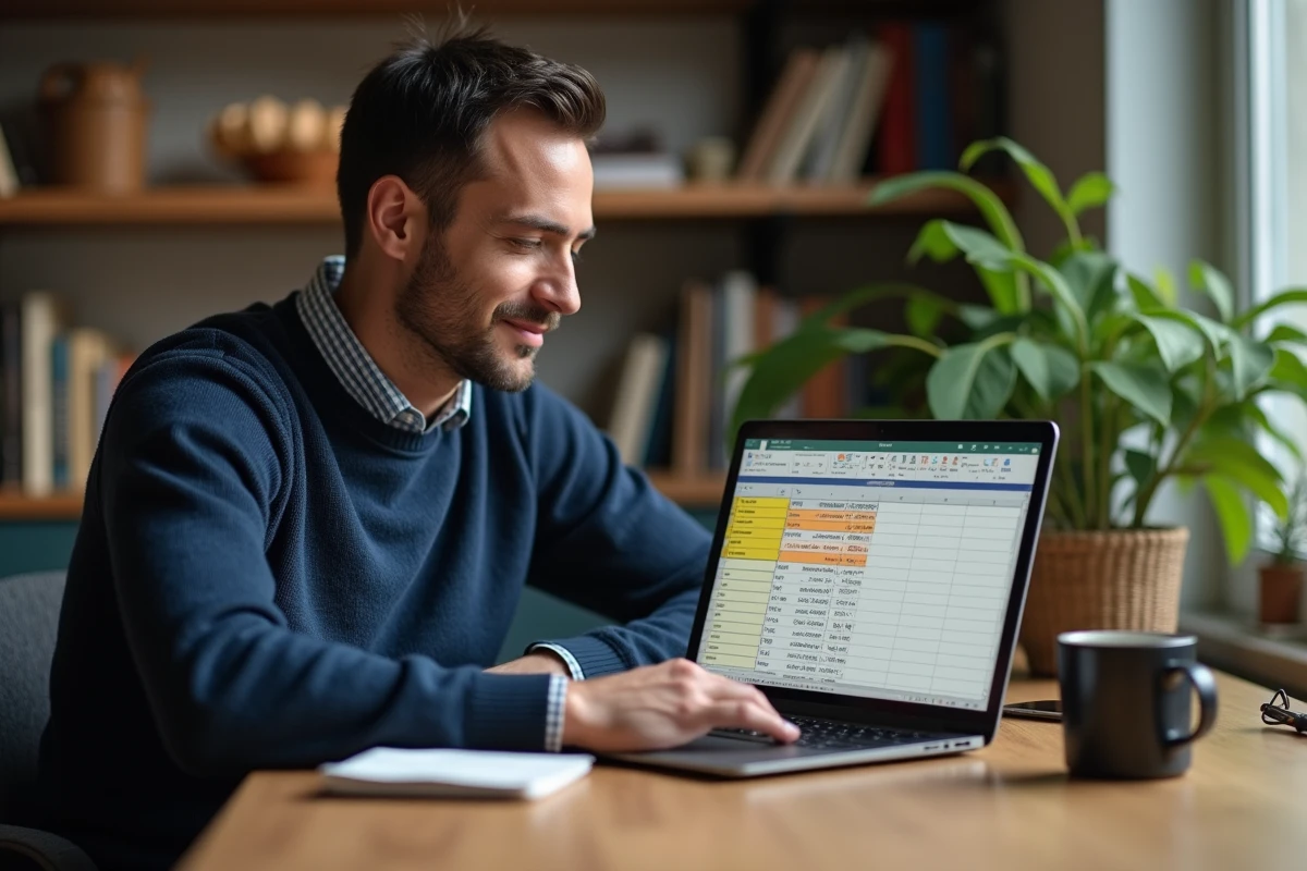 Homme consultant un fichier Excel avec des doublons surlignés sur un ordinateur portable posé sur une table en bois à domicile