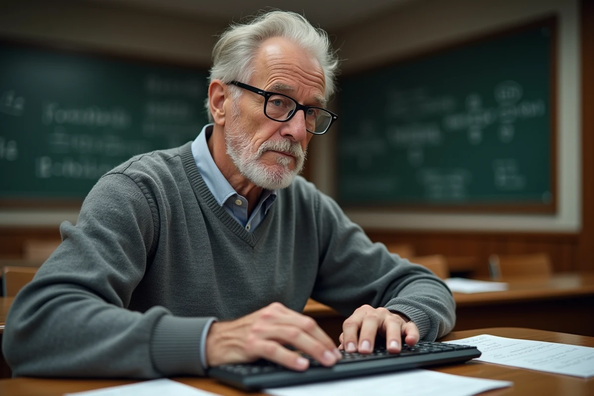 Homme étudiant utilisant un clavier avec des symboles mathématiques