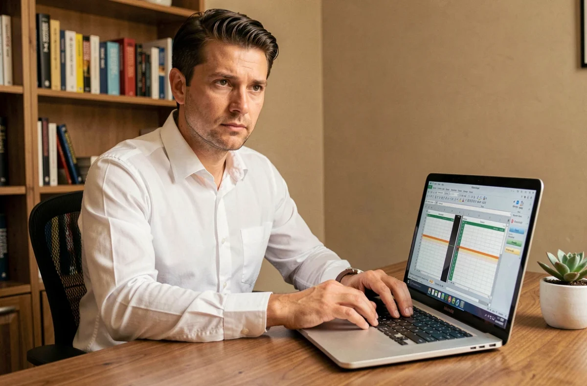 Homme utilisant la fonctionnalité de fractionnement de volets Excel sur un ordinateur portable dans un bureau à domicile