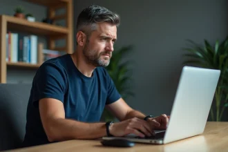 Homme frustré devant son ordinateur portable affichant une erreur de logiciel à son bureau à domicile