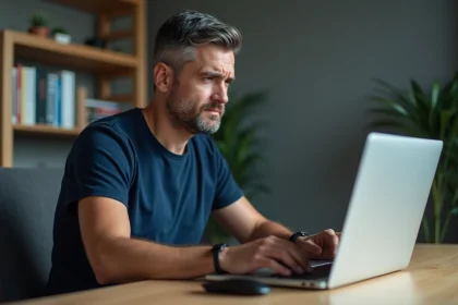Homme frustré devant son ordinateur portable affichant une erreur de logiciel à son bureau à domicile