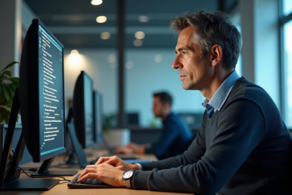 Homme informaticien en bureau moderne examinant du code