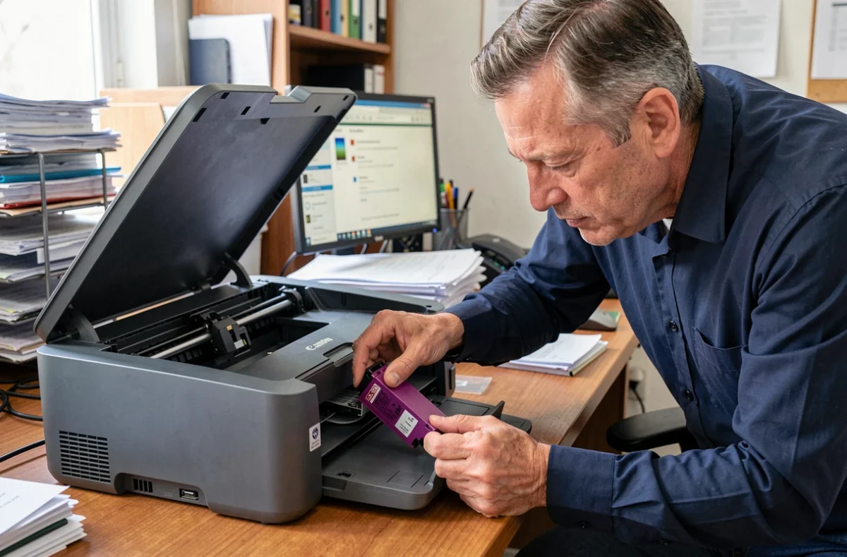 Homme en train d'insérer une cartouche d'encre magenta dans une imprimante Canon ouverte sur un bureau en bois