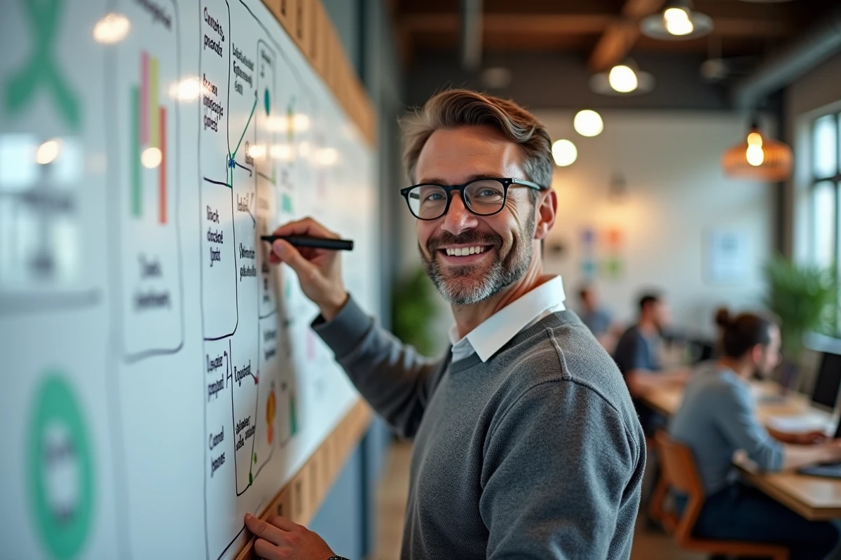 Homme prenant des notes sur une strategie SEO en coworking