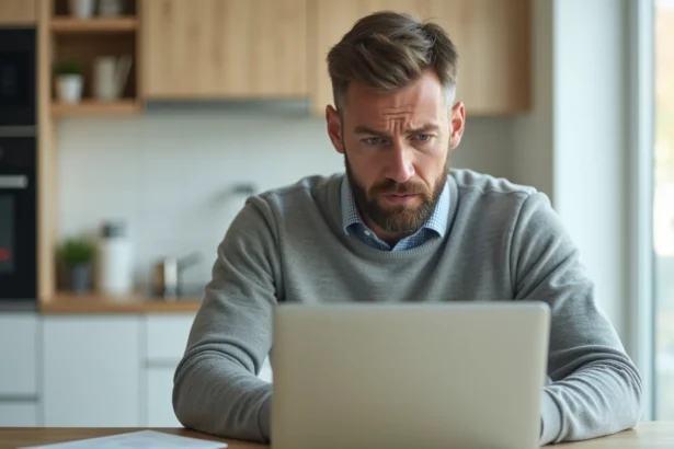 Homme d'âge moyen lisant conditions générales sur son ordinateur dans une cuisine moderne