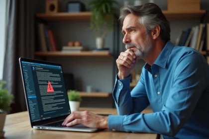 Homme d'âge moyen face à un ordinateur avec alerte ransomware
