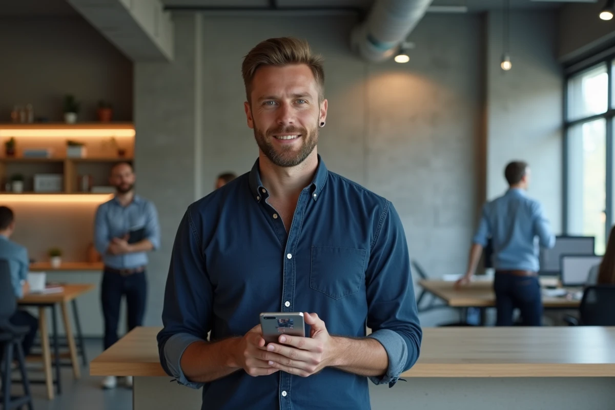 Homme en open space partageant rapidement des photos depuis son smartphone sur une plateforme d'hébergement d'images
