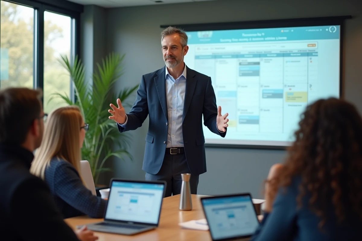 Homme en réunion présentant SOGo Lille à ses collègues