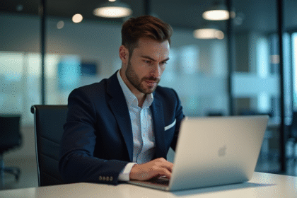 Jeune homme en costume vérifiant un site sécurisé sur son ordinateur