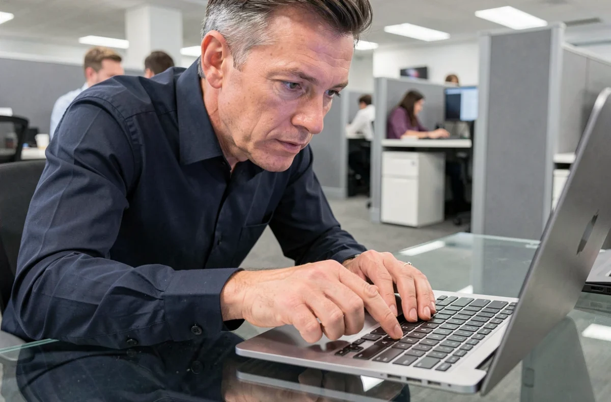 Homme utilisant un raccourci clavier pour trouver un caractère spécial sur un ordinateur portable en bureau