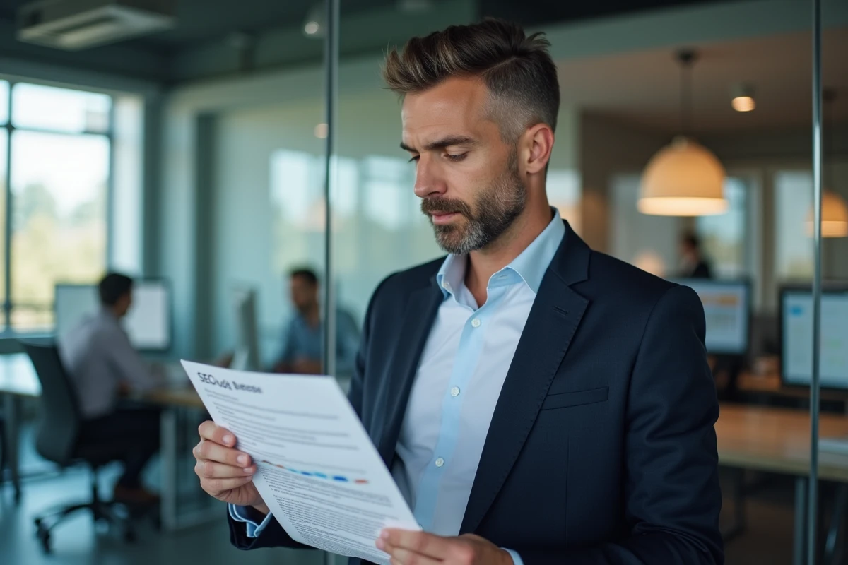 Homme en blazer examinant un rapport SEO dans une salle de réunion