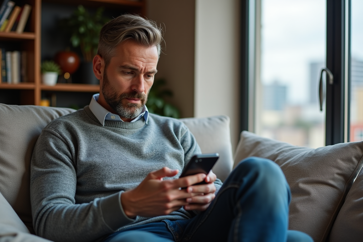 Homme assis dans un salon regardant son smartphone