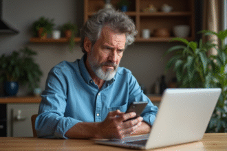 Homme d'âge moyen regardant son smartphone dans la cuisine