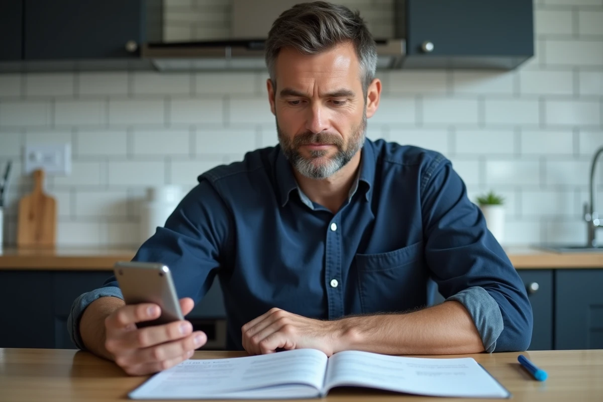 Homme consultant son smartphone et ses factures pour préparer un dossier avant d'appeler le service client suite à une erreur F3411 Bouygues